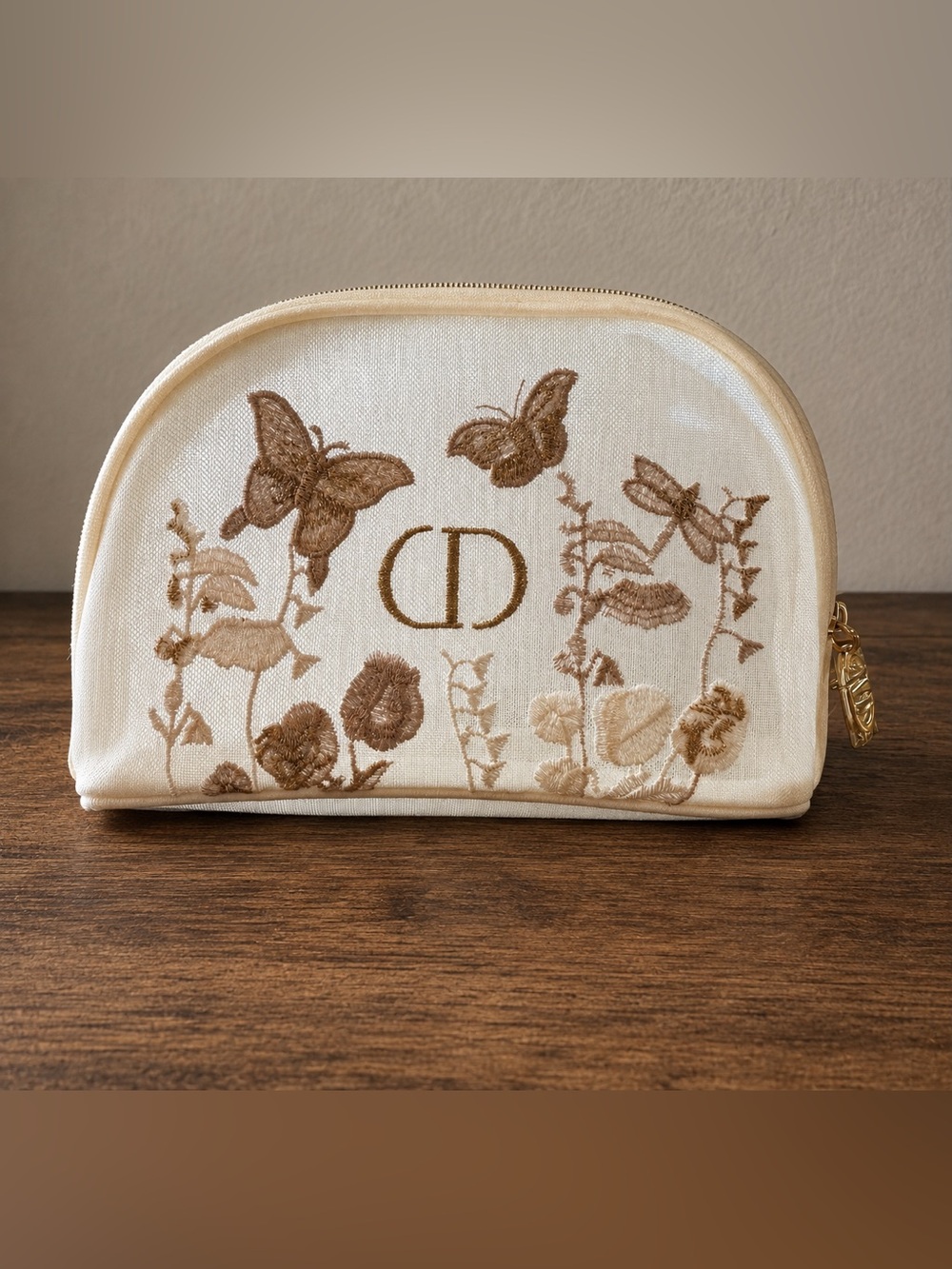 Dior Cream Cosmetic Pouch with Gold Embroidered Butterflies